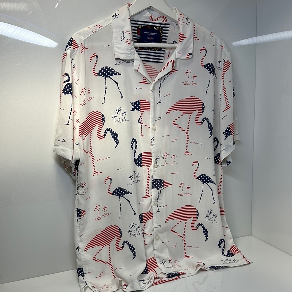 Denim & Flower Patriotic Flamingo Shirt - Red, Blue, White
